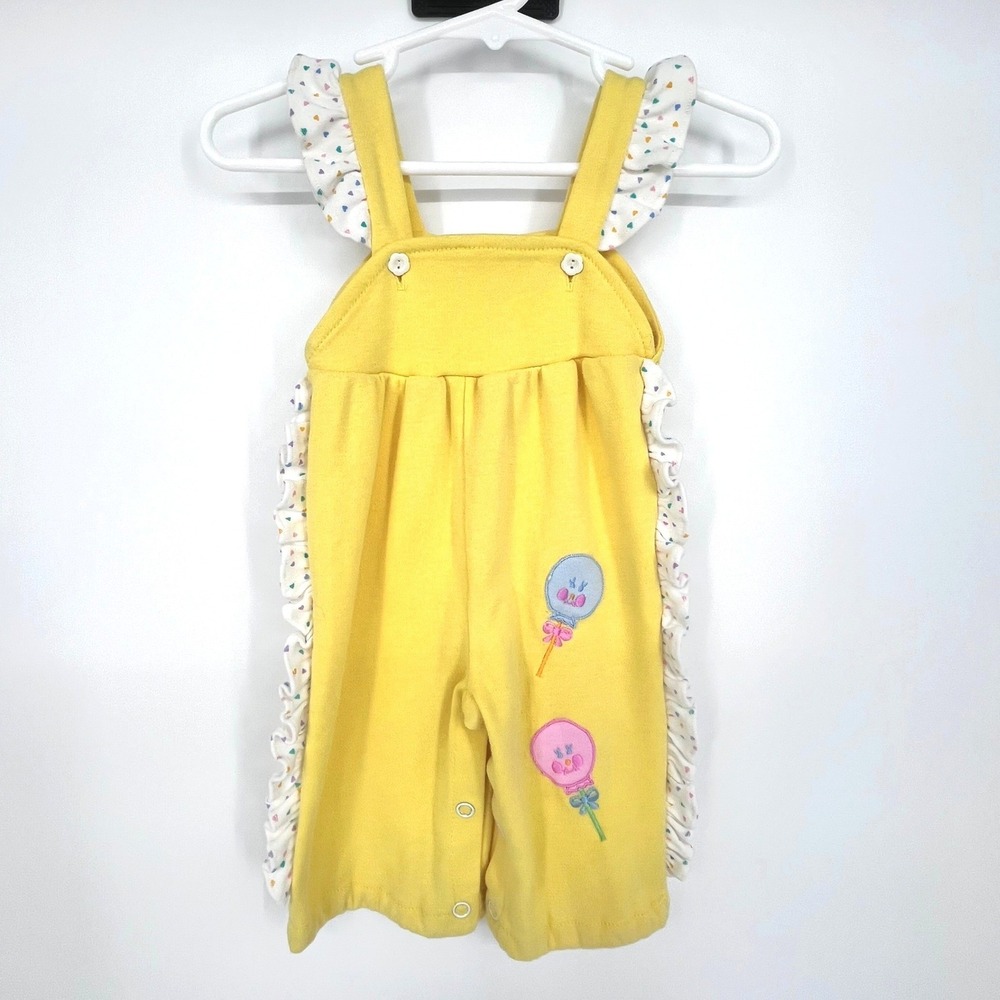 Vintage Romper Girls Newborn Yellow Ruffle Heart Balloon Embroidered Sleeveless